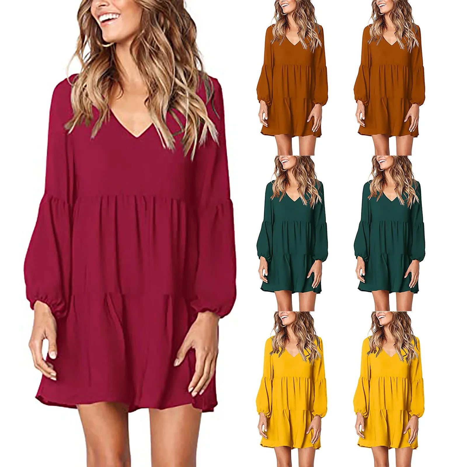 Women Solid Ruffles Hem Autumn Winter Mini Dress V Neck Long Sleeve Casual Loose Basic Spring Party Female Red Green Dresses